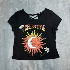Sistas Celestial Sun Moon Cotton T-Shirt Black Crop Top Womens Medium Daisy